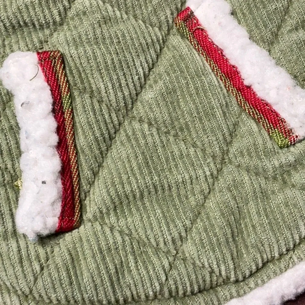Green Quilted Dog Jacket with Red Plaid Accents